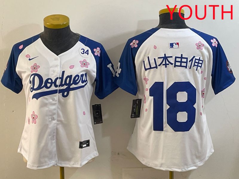 Youth Los Angeles Dodgers #18 Yamamoto White Blue Sakura Edition 2025 Nike MLB Jersey style 13->youth mlb jersey->Youth Jersey
